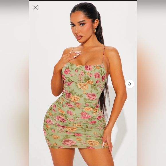 Fashion Nova Floral Mesh Mini Dress - Green and Pink - Picture 4 of 12